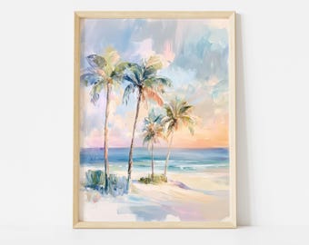 Palme Sonnenuntergang Poster, Tropische Küsten Sommer Wandkunst, Bunte Strandhaus Dekoration, Girly Rosa Pastell Ozean Szene