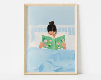 Girl Reading in Bed Poster, Book Lover Art, Reading Nook Decor, Tween Room Poster, Brunette Girl Art, Cozy Bedroom Print, Library Wall Art