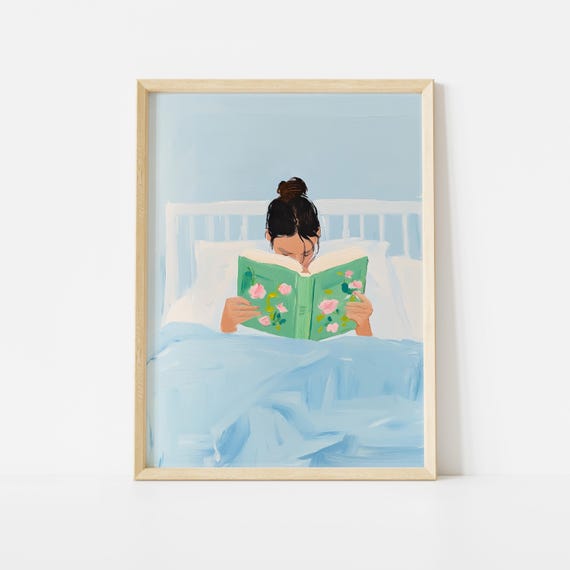 Girl Reading in Bed Poster, Book Lover Art, Reading Nook Decor, Tween Room Poster, Brunette Girl Art, Cozy Bedroom Print, Library Wall Art