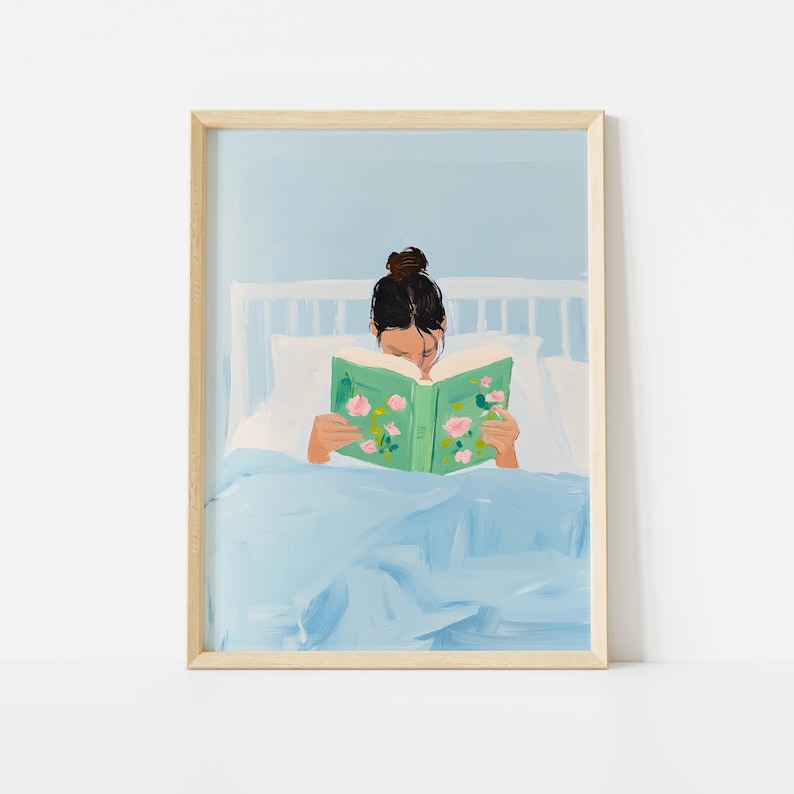 Girl Reading in Bed Poster, Book Lover Art, Reading Nook Decor, Tween Room Poster, Brunette Girl Art, Cozy Bedroom Print, Library Wall Art image 1
