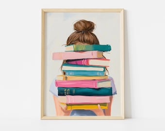 Brunette Girl With Stack of Books Poster, Book Lover Art Print, Reading Illustration Print for Library or Study Room