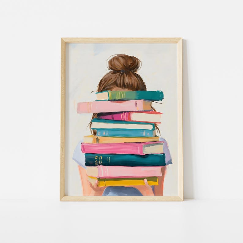 Brunette Girl With Stack of Books Poster, Book Lover Art Print, Reading ...