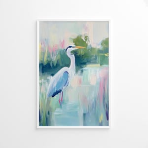 Poster Airone Azzurro, Arte di Uccelli Pastello, Stampa da Parete Costiera, Decorazione per Case al Mare, Poster Palude, Stampa Artistica di Uccelli, Arte da Parete Naturale, Decorazione Costiera
