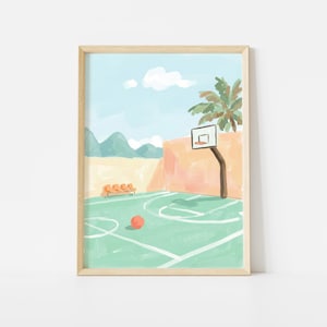 Lámina para cancha de baloncesto, póster deportivo en tonos pastel, decoración de pared para cancha al aire libre.