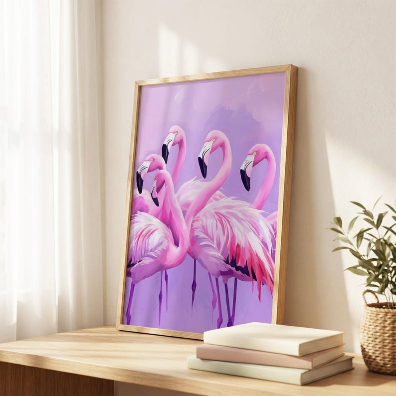 Pink Flamingo Poster, Purple Summer Coastal Wall Art, Tropical Beach House Animal Print, Girly Pastel, Purple Flamingo Art image 2
