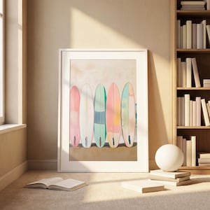 Pastel Surfboard Poster, Beach Coastal Wall Art, Colorful Ocean Surf Print, Summer Sea Decor image 3