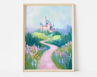 おとぎ話のお城のポスター：保育園やプレイルームに最適なパステルカラーのファンタジー風景アートプリント