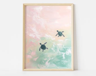 Sea Turtles Swimming Poster, Tropical Animal Art Print, Coastal Beach House Decor, Pastel Summer Wall Art, Colorful Ocean Poster Print