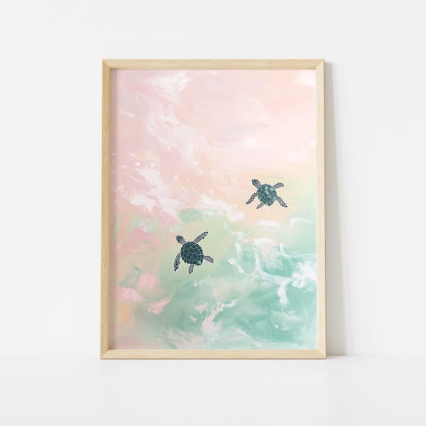Sea Turtles Swimming Poster, Tropical Animal Art Print, Coastal Beach House Decor, Pastel Summer Wall Art, Colorful Ocean Poster Print