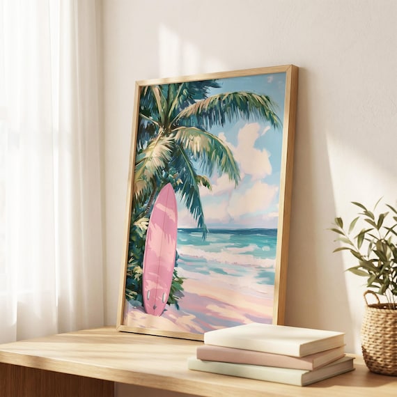 Tropical Surfboard Poster: Pink Pastel Beach Wall Art With Palm