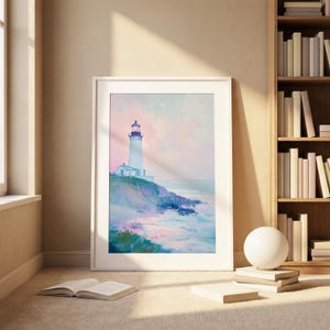 Pastel Lighthouse Poster, Coastal Ocean Cliff Wall Art, Dreamy Seaside Landscape Print, Nautical Beach House Decor image 3