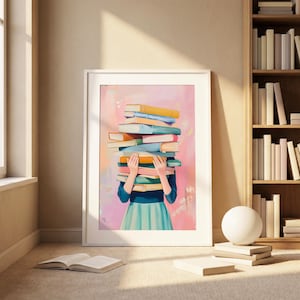Book Lover Poster, Girl Holding Books Wall Art, Pastel Reading Decor, Library Aesthetic Print, Bookish Room Art image 3