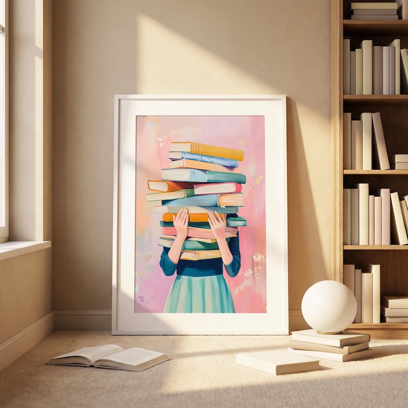 Book Lover Poster, Girl Holding Books Wall Art, Pastel Reading Decor, Library Aesthetic Print, Bookish Room Art image 3