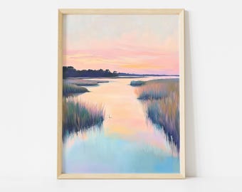 Pink Marsh Sunset Poster, Coastal Landscape Wall Art, Pastel Carolina Wetlands Print, Beach House Decor, Colorful Marshland Digital Download