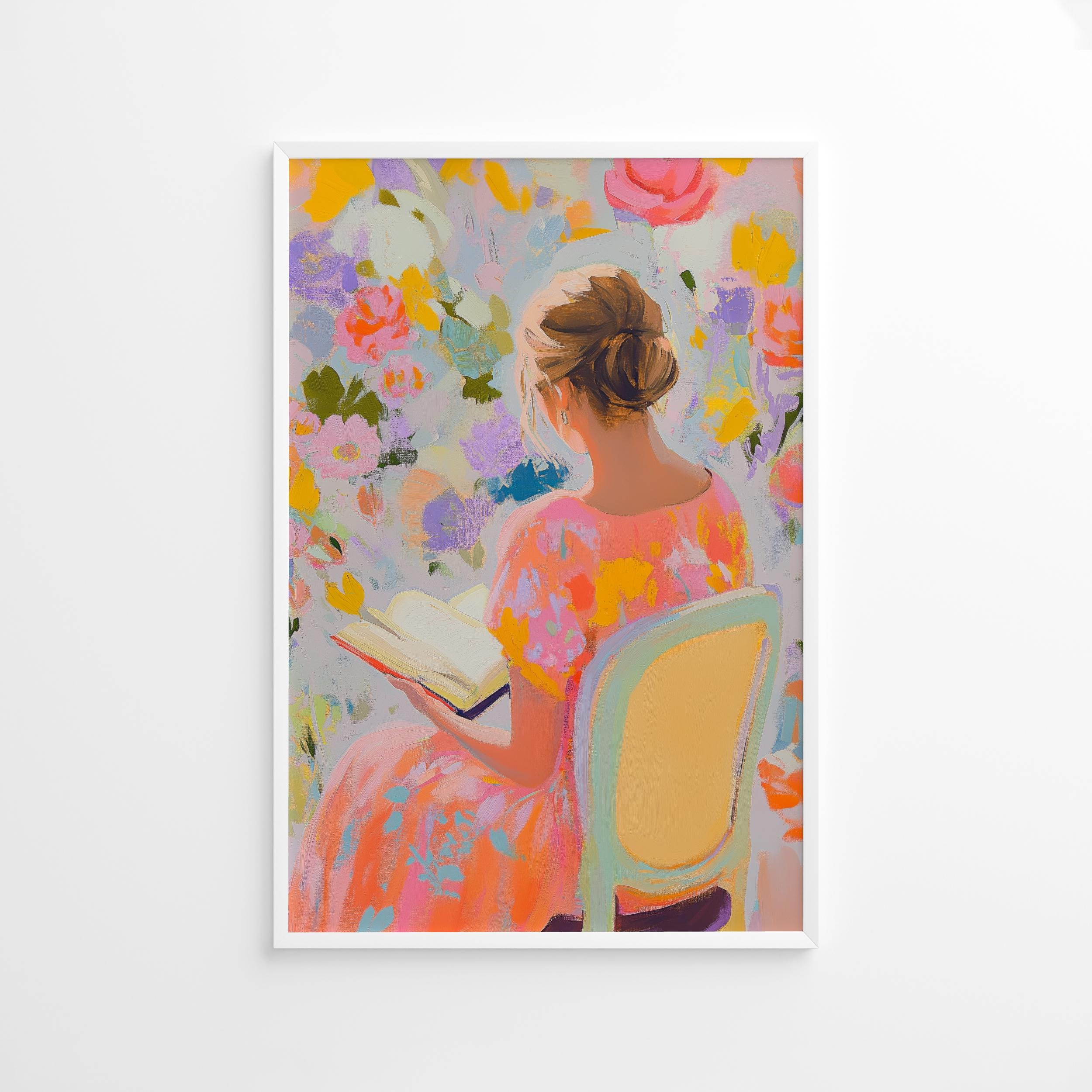 Colorful Woman Reading Poster, Pastel Floral Wall Art, Feminine Book Lover Print, Romantic Vintage Decor