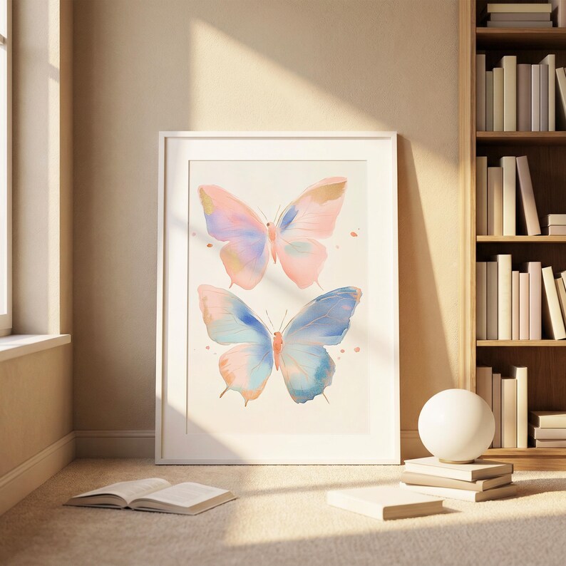 Two Pastel Butterflies Poster, Colorful Abstract Insect Wall Art Print, Animal Watercolor Decor, Tween Girl’s Room, Butterfly Art Print image 3