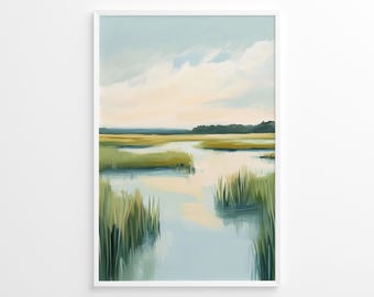 Summer Marsh Landscape Poster, Carolina Lowcountry Wall Art, Pastel Coastal Waterway Decor, Beach House Print, Tranquil Nature Poster
