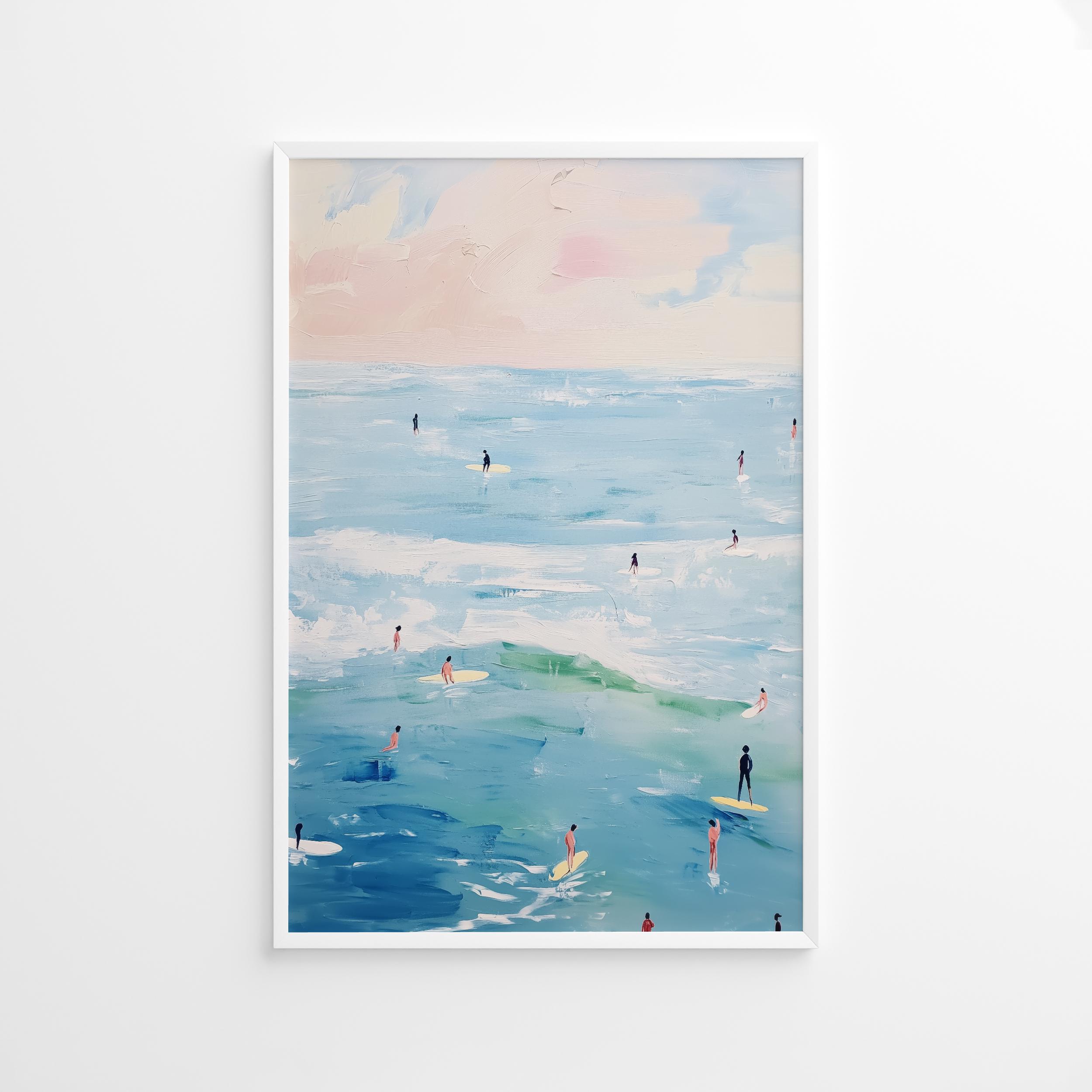 Surfer oceaan poster, zeegezicht kunst print, roze zee kust decor, strandhuis kunst aan de muur, zomer zonsopgang zonsondergang poster print