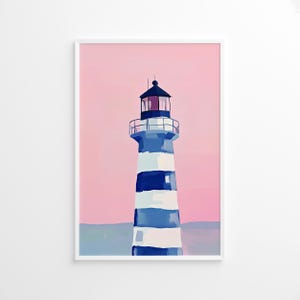 Leuchtturm Poster, Küstenwandkunst, Strandhausdekor, nautisches Poster, rosa Himmelkunst, gestreiftes Leuchtturmplakat, Ozeandekor, Küstenkunst