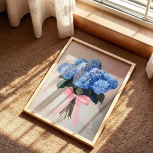 Blue Hydrangea Art, Floral Wall Print, Girly Home Decor, Bouquet Poster, Pink Bow Art, Flower Poster, Trendy Floral Decor, Pastel Flower Art image 5