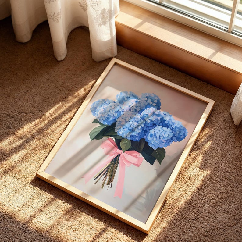 Blue Hydrangea Art, Floral Wall Print, Girly Home Decor, Bouquet Poster, Pink Bow Art, Flower Poster, Trendy Floral Decor, Pastel Flower Art image 5