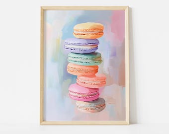 Pastellfärgad macaron-poster, färgglad fransk dessertväggkonst, söt sötsakstryck, köksbageridekor