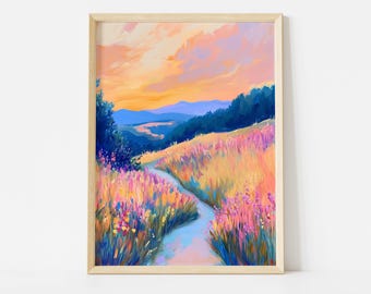 Colorful Sunset Wildflower Poster, Colorful Meadow Abstract Landscape Wall Art, Vibrant Nature Field Print, Spring Summer Poster Print