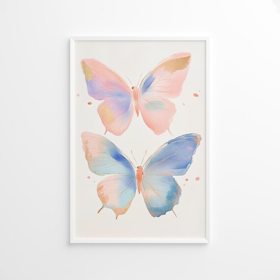 Two Pastel Butterflies Poster, Colorful Abstract Insect Wall Art Print, Animal Watercolor Decor, Tween Girl’s Room, Butterfly Art Print