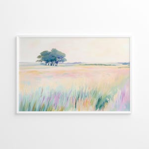 Pastell Feld und Bäume Poster, ruhige Landschaft Wandkunst, ruhige Natur Dekoration, ruhige Landschaft Kunstwerk, weiche Wiese Szene Illustration