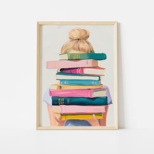 Girl With Stack of Books Poster, Pastel Book Lover Wall Art, Cute Reading Illustration Print for Library or Study Room