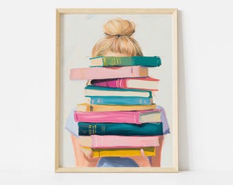 Girl With Stack of Books Poster, Pastel Book Lover Wall Art, Cute Reading Illustration Print for Library or Study Room