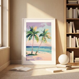 Palme Poster, rosa Sonnenuntergang Kunst, Strandhaus Wanddekoration, Küsten Tropischer Druck, Bunte Sommer Dekoration, Bunte Küste Bild 3