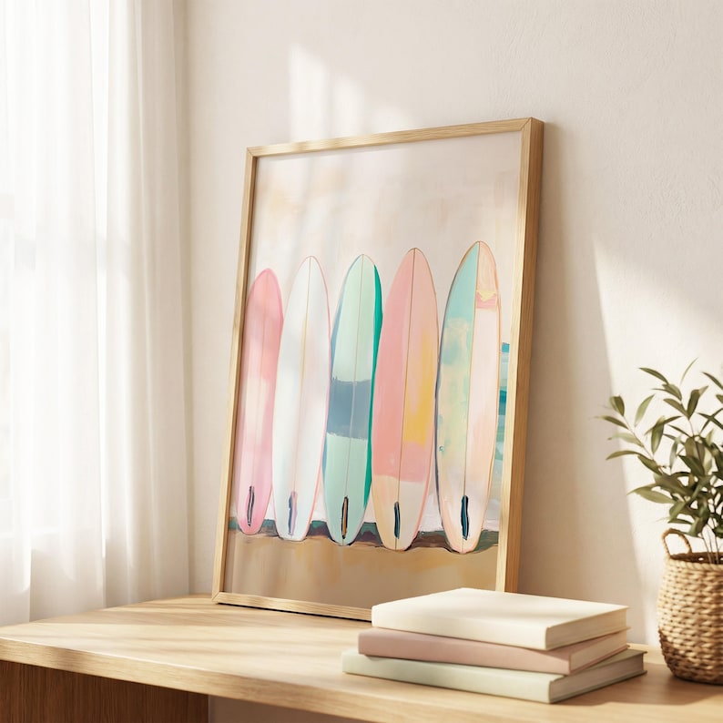 Pastel Surfboard Poster, Beach Coastal Wall Art, Colorful Ocean Surf Print, Summer Sea Decor image 2