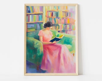 Pastel Reading Girl Poster: Cozy Library Wall Art with Bookshelf for Feminine Study Room Decor