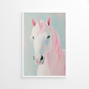 Affiche licorne rose pastel, art mural magique pour chambre de fille, décoration de salle de jeux fantaisiste, impression de chambre de bébé fantastique, art mural girly