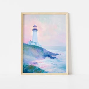 Pastel Lighthouse Poster, Coastal Ocean Cliff Wall Art, Dreamy Seaside Landscape Print, Nautical Beach House Decor image 1