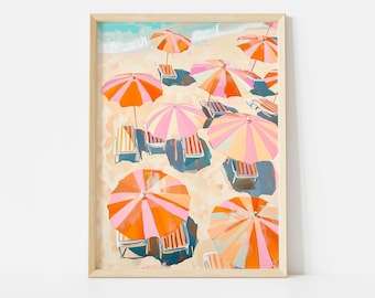 Striped Beach Umbrella Aerial Poster, Colorful Coastal Wall Art, Pastel Summer Decor, Italian Riviera Print, Beach House Poster Print