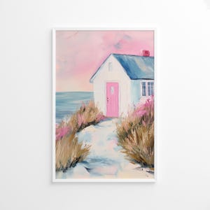 White Beach House Tür Poster, Küstenhütte Wand Kunst Druck, Küstenhaus Dekor, Küstenhaus Dekor, Ozean Sonnenuntergang Digitaler Download, Sommer Kunstdruck
