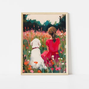 ブルネットの少女と白い犬のポスター、カラフルな野花の草原の壁アート、ペットと子供の自然プリント、田園的な夏の風景