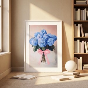 Blue Hydrangea Art, Floral Wall Print, Girly Home Decor, Bouquet Poster, Pink Bow Art, Flower Poster, Trendy Floral Decor, Pastel Flower Art image 3