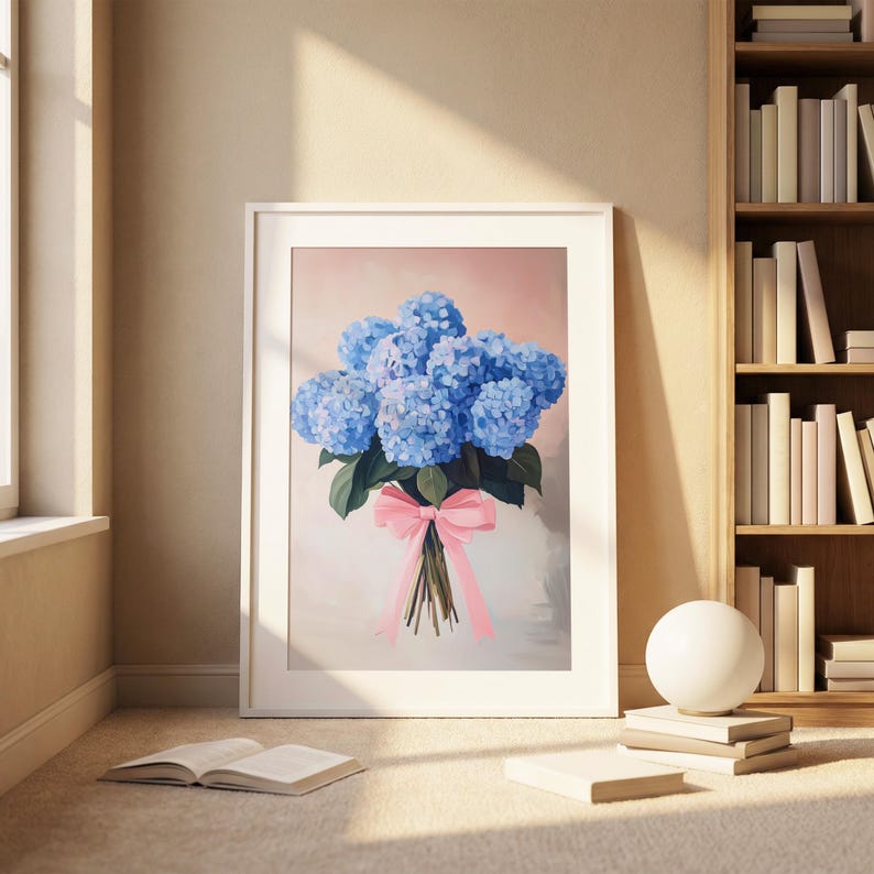 Blue Hydrangea Art, Floral Wall Print, Girly Home Decor, Bouquet Poster, Pink Bow Art, Flower Poster, Trendy Floral Decor, Pastel Flower Art image 3