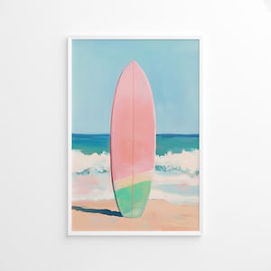 Surfbrett Poster, Ocean Surfer Landschaftskunst, Strandhaus-Wanddekoration, Küstensommerdruck, rosa und bunter Plakat-Druck