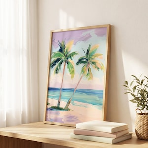 Palme Poster, rosa Sonnenuntergang Kunst, Strandhaus Wanddekoration, Küsten Tropischer Druck, Bunte Sommer Dekoration, Bunte Küste Bild 2