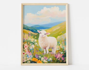 Cute Lamb Meadow Poster, Pastel Spring Farm Animal Wall Art, Colorful Floral Nature Print
