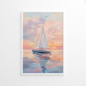 Poster coucher de soleil voilier rose, art mural côtier de l'océan, décoration de maison de plage pastel, impression bord de mer d'été, impression d'affiche paysage coloré