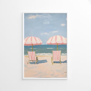 Affiche de parapluie de plage rayé rose, impression d'art côtière d'été, décor de rivage pastel, art mural tendance maison de plage, océan coloré imprimable