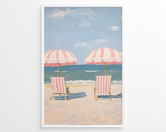 Pink Striped Beach Umbrella Poster, Coastal Summer Art Print, Pastel Shore Decor, Trendy Beach House Wall Art, Colorful Ocean Printable