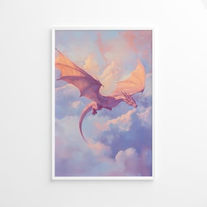 Flying Dragon Poster: Pink Fantasy Creature in Pastel Sky Art Print