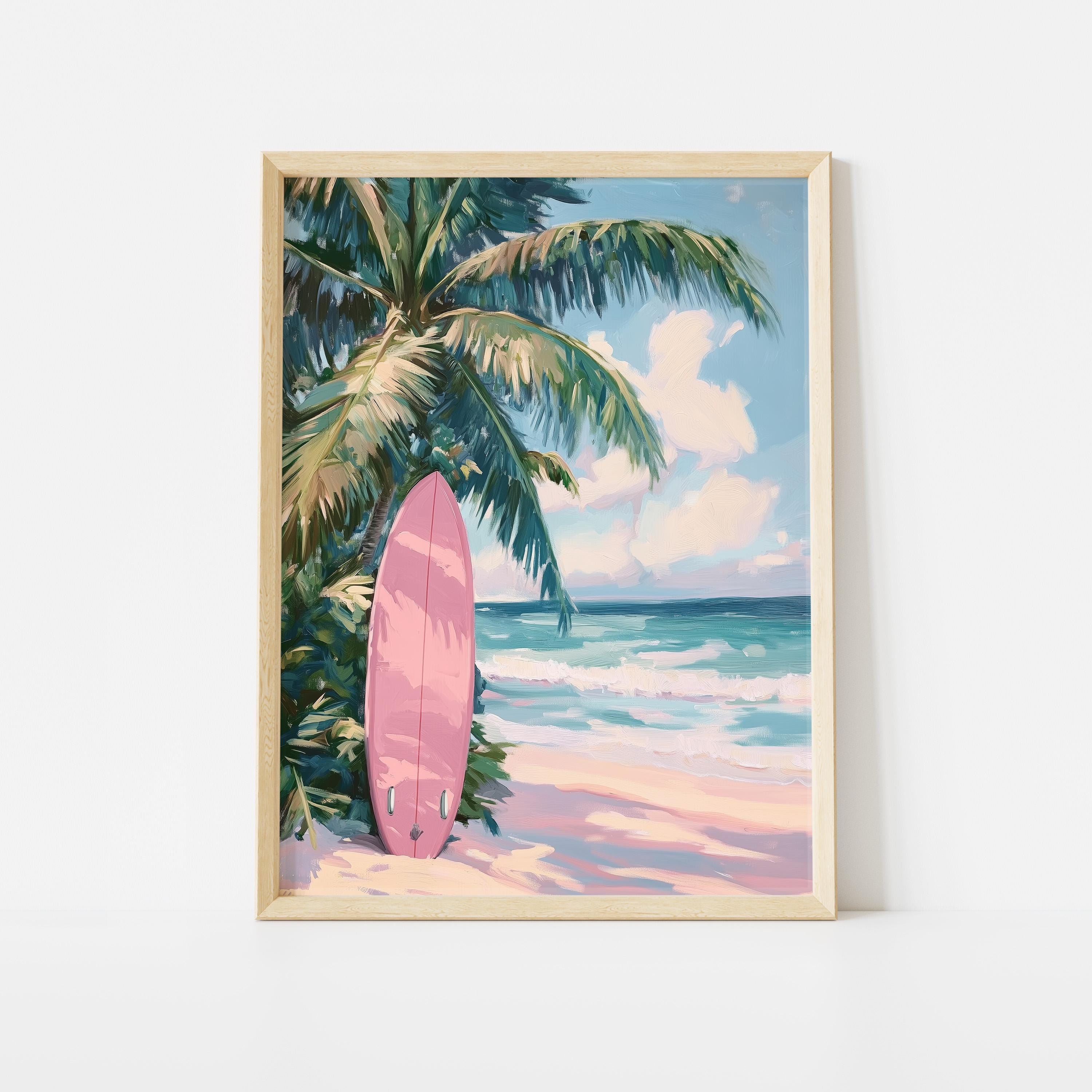 Tropical Surfboard Poster: Pink Pastel Beach Wall Art With Palm