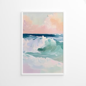 Pastell Ozeanwellen Poster, rosa Küsten Sonnenuntergang Wandkunst, Strandhaus Sommer Dekor, lebendige Ufer Druck, Sommer Wandkunst